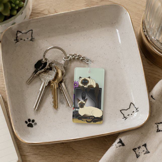 Siamese Computer Office Desk Cats Funny Mischief Key Ring (Creator Uploaded)