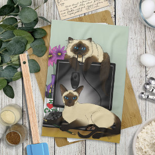 Siamese Computer Office Desk Cats Funny Mischief Tea Towel
