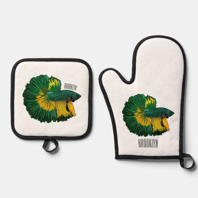 Siamese fighting fish cartoon illustration oven mitt & pot holder set (Front)