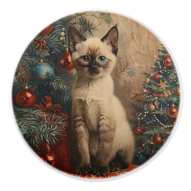 Siamese Kitten Christmas Vintage Cat Ceramic Knob (Front)