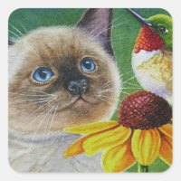 Siamese Kitten & Hummingbird Watercolor Art