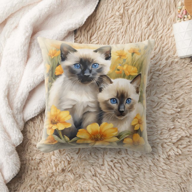 Siamese Kittens with Yellow Flowers  Cushion (Blanket)