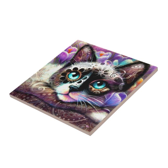 Siamese Kitty Cat Crocus Floral Purple Teal White Ceramic Tile (Side)