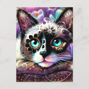 Siamese Kitty Cat Crocus Floral Purple Teal White Postcard
