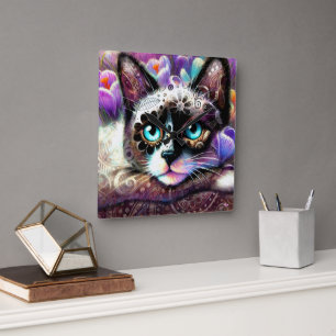 Siamese Kitty Cat Crocus Floral Purple Teal White Square Wall Clock