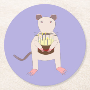 Siamese Rat with Birthday Cake Round Paper Coaster