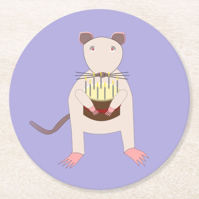 Siamese Rat with Birthday Cake Round Paper Coaster (Front)
