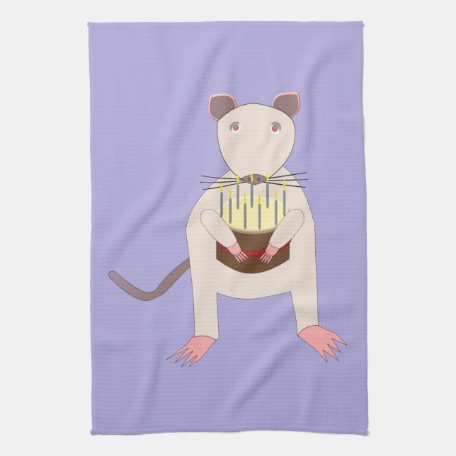 Siamese Rat with Birthday Cake Tea Towel (Vertical)