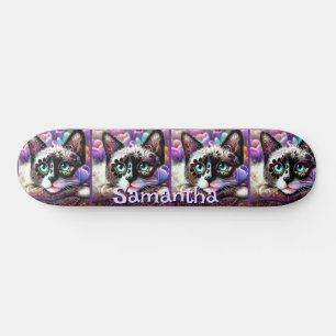 Siamese White Kitty Cat Crocus Floral Personalised Skateboard