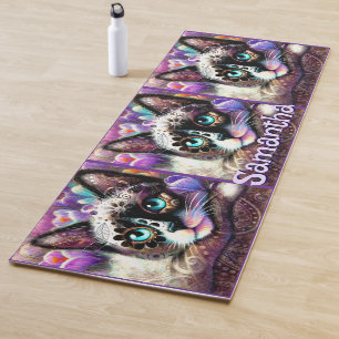 Siamese White Kitty Cat Crocus Floral Personalised Yoga Mat
