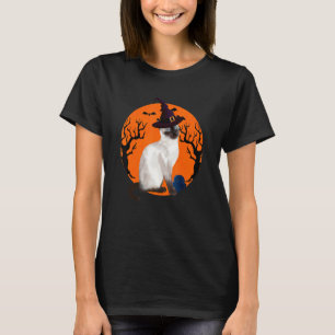 Siamess Cat Cute Halloween Witch Hat And Moon T-Shirt
