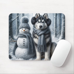 Siberan Husky With Snowman Mouse Pad