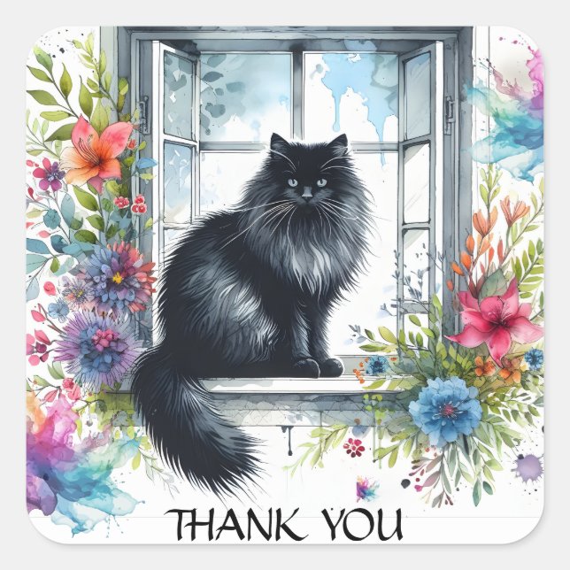 Siberian Black Cat in Window Summer Flowers  Square Sticker (Front)