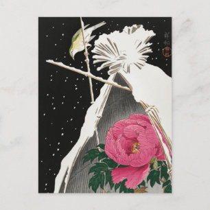 Siberian Bluechat next to a Peony by Ohara Koson Postcard