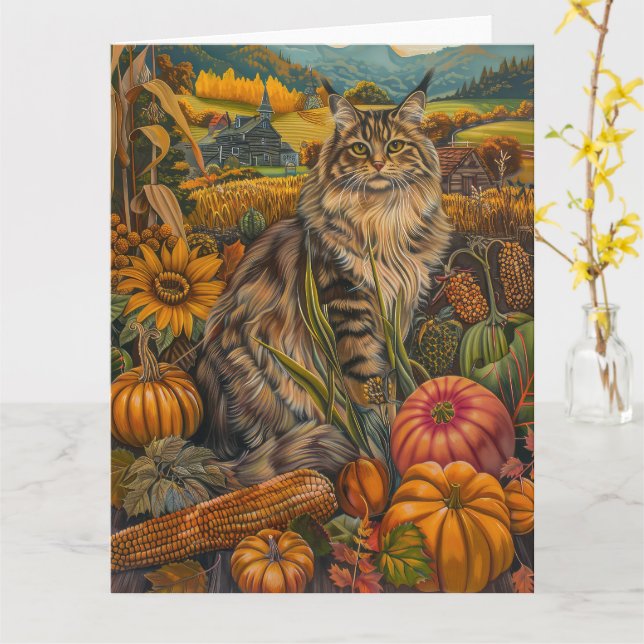 Siberian Cat Autumn Harvest Thanksgiving Card (Yellow Flower)