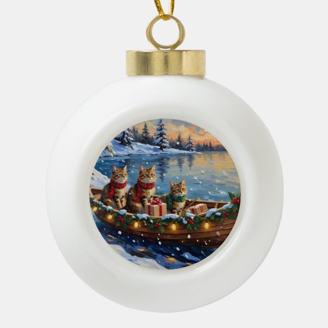 Siberian Cat Christmas Boat Holiday Ceramic Ball Christmas Ornament (Front)