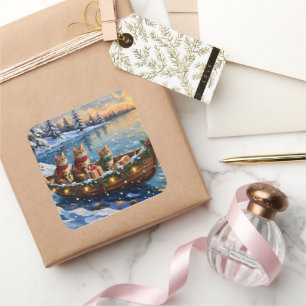 Siberian Cat Christmas Boat Holiday Square Sticker