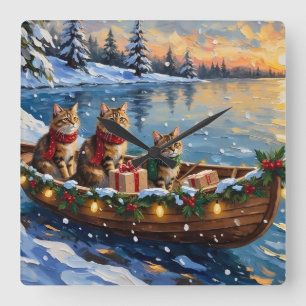 Siberian Cat Christmas Boat Holiday Square Wall Clock