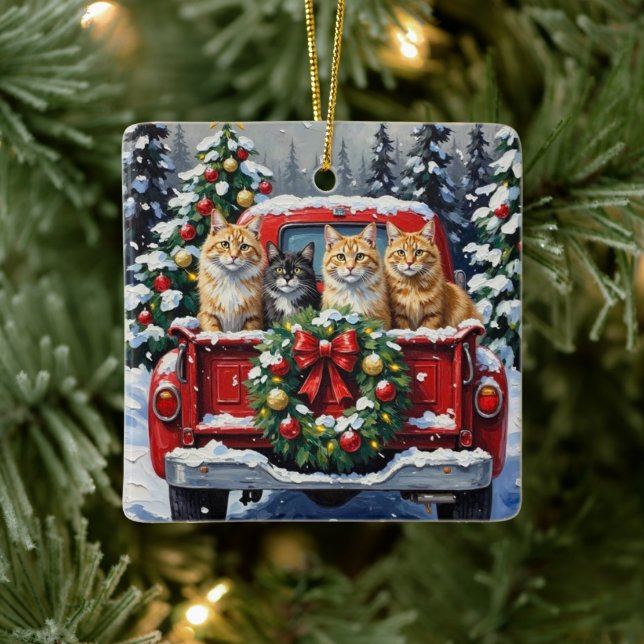Siberian Cat Christmas Red Truck Holiday Ceramic Ornament (Tree)