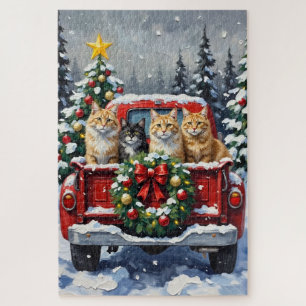 Siberian Cat Christmas Red Truck Holiday Jigsaw Puzzle