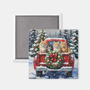 Siberian Cat Christmas Red Truck Holiday Magnet