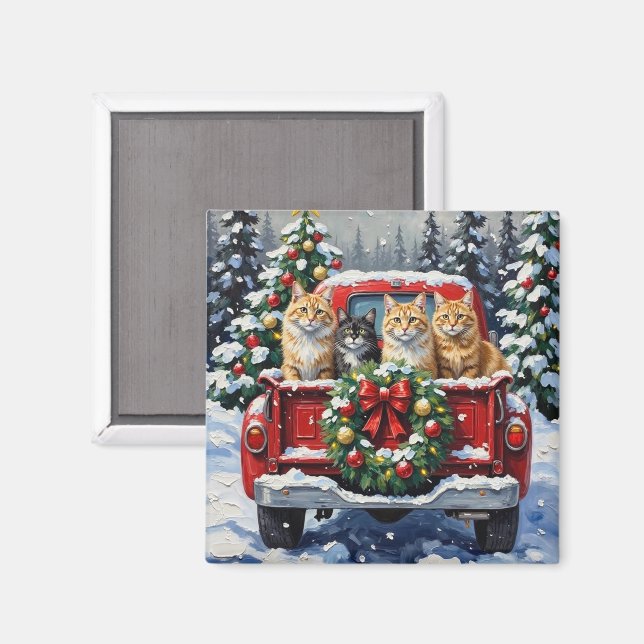 Siberian Cat Christmas Red Truck Holiday Magnet (Front/Back)