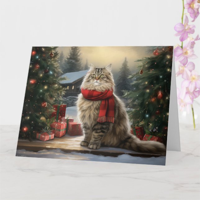 Siberian Cat in Snow Christmas Card (Orchid)
