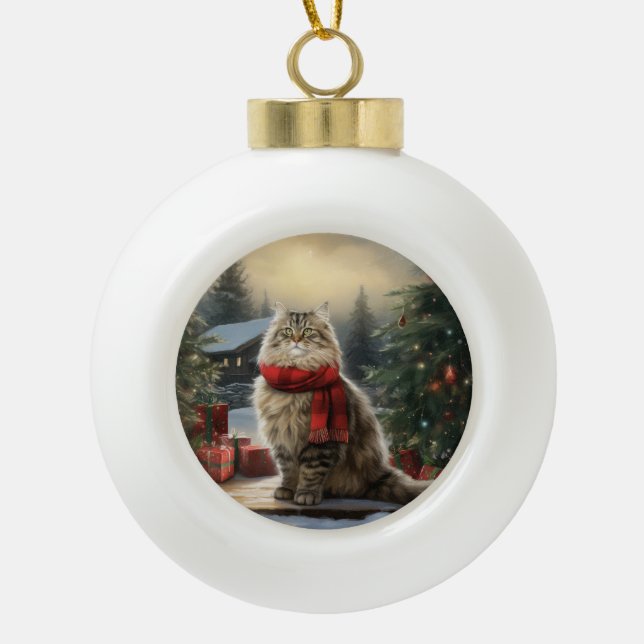 Siberian Cat in Snow Christmas Ceramic Ball Christmas Ornament (Front)