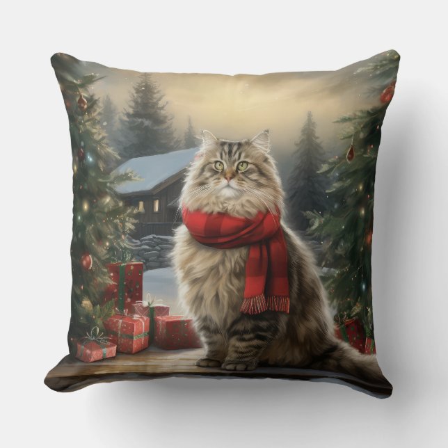 Siberian Cat in Snow Christmas Cushion (Front)