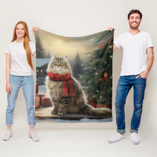 Siberian Cat in Snow Christmas Fleece Blanket