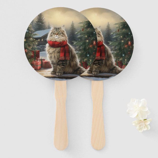 Siberian Cat in Snow Christmas Hand Fan (Front and Back)