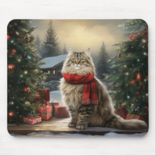 Siberian Cat in Snow Christmas Mouse Pad