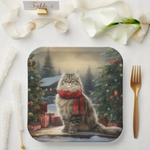 Siberian Cat in Snow Christmas Paper Plate