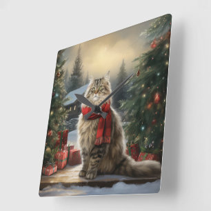 Siberian Cat in Snow Christmas Square Wall Clock