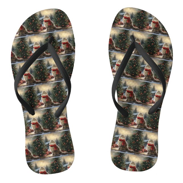 Siberian Cat in Snow Christmas Thongs (Footbed)