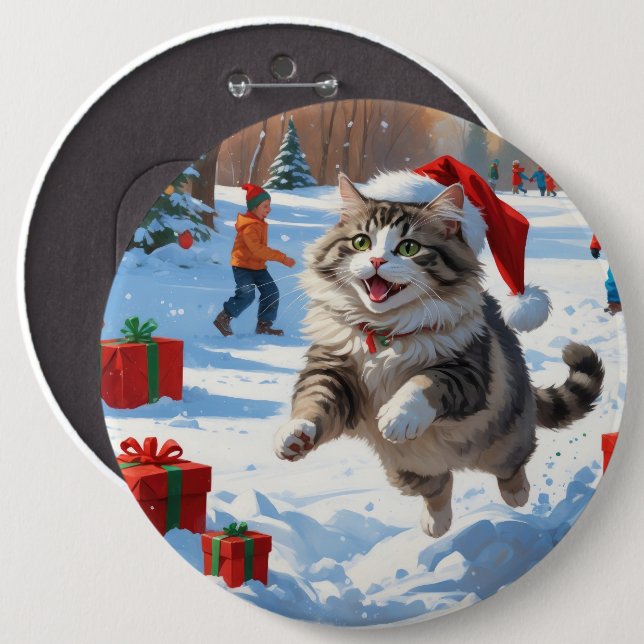Siberian Cat Running in Snow with Christmas Hat 6 Cm Round Badge (Front & Back)