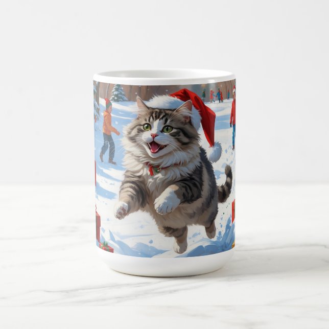 Siberian Cat Running in Snow with Christmas Hat Coffee Mug (Center)