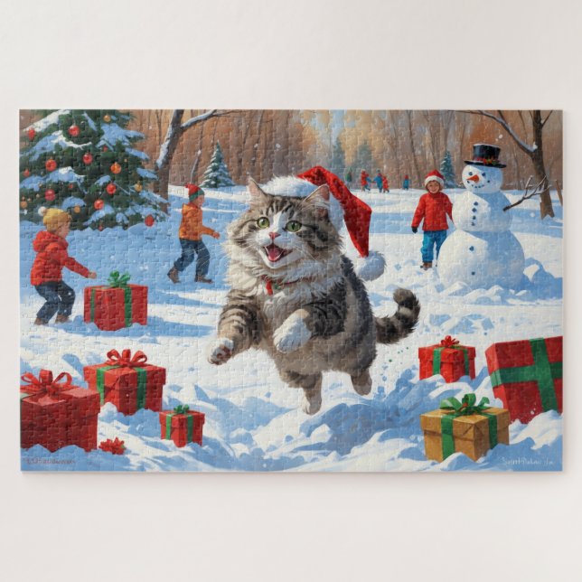 Siberian Cat Running in Snow with Christmas Hat Jigsaw Puzzle (Horizontal)