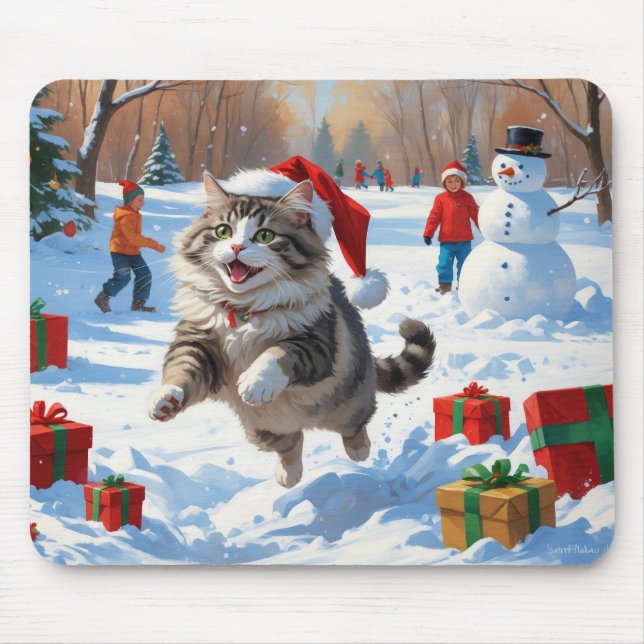Siberian Cat Running in Snow with Christmas Hat Mouse Pad (Front)