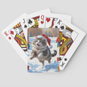 Siberian Cat Running in Snow with Christmas Hat Playing Cards