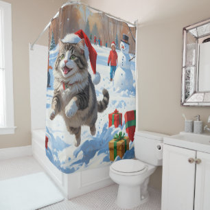 Siberian Cat Running in Snow with Christmas Hat Shower Curtain