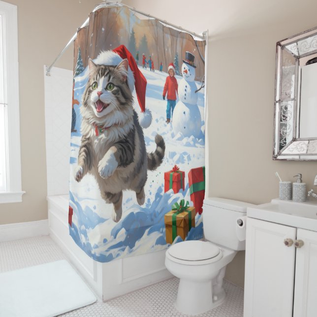 Siberian Cat Running in Snow with Christmas Hat Shower Curtain (In Situ)