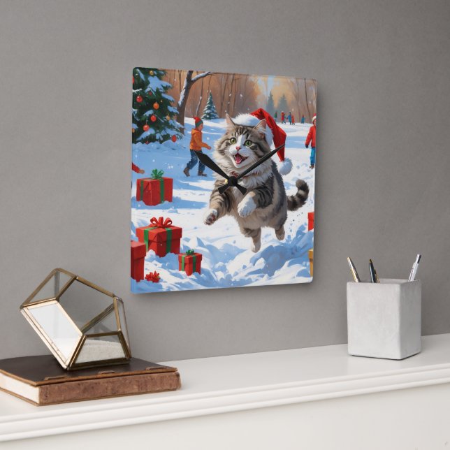 Siberian Cat Running in Snow with Christmas Hat Square Wall Clock (Office)