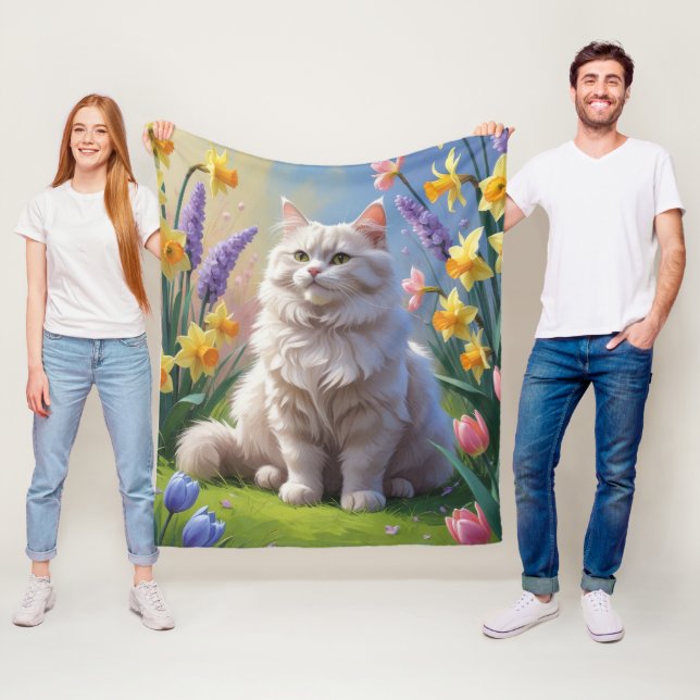 Siberian Cat Spring Flowers Painting Fleece Blanket (In Situ)