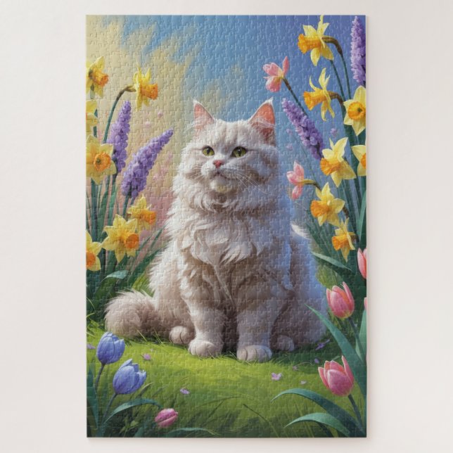 Siberian Cat Spring Flowers Painting Jigsaw Puzzle (Vertical)