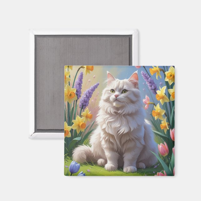 Siberian Cat Spring Flowers Painting Magnet (Front/Back)