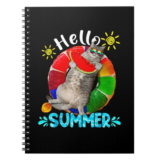 Siberian Cat Swimming Pool Eating Watermelon Hello Notebook (Front)