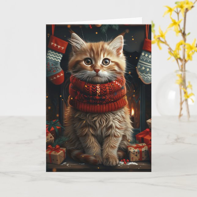 Siberian Cat With Christmas Gifts Fireplace  Card (Yellow Flower)