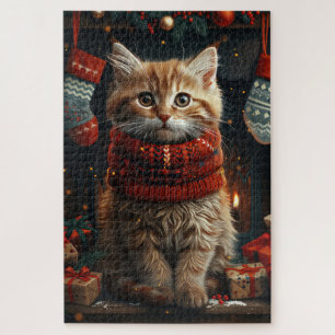 Siberian Cat With Christmas Gifts Fireplace Jigsaw Puzzle
