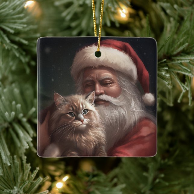 Siberian Cat With Santa Claus Festive Christmas  Ceramic Ornament (Tree)